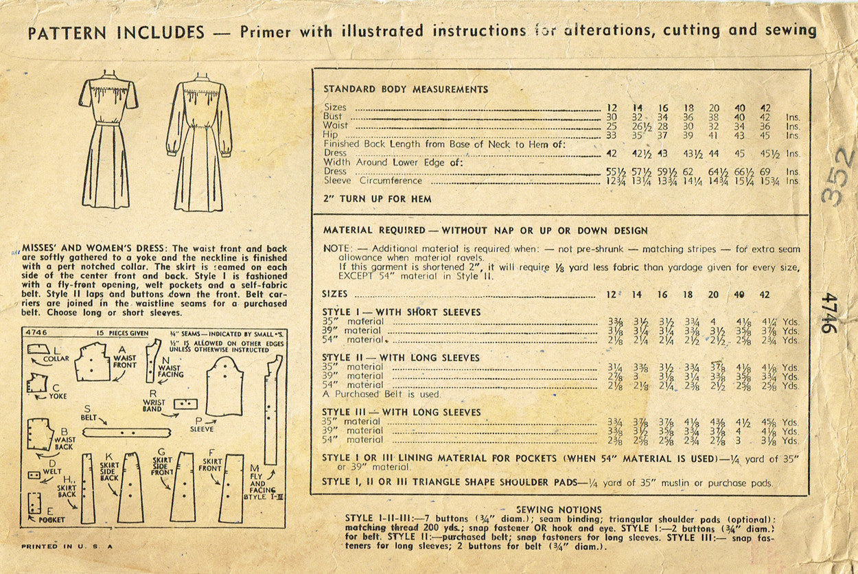 1940s Vintage Simplicity Sewing Pattern 4746 WWII Shirtwaist Dress 32B ...