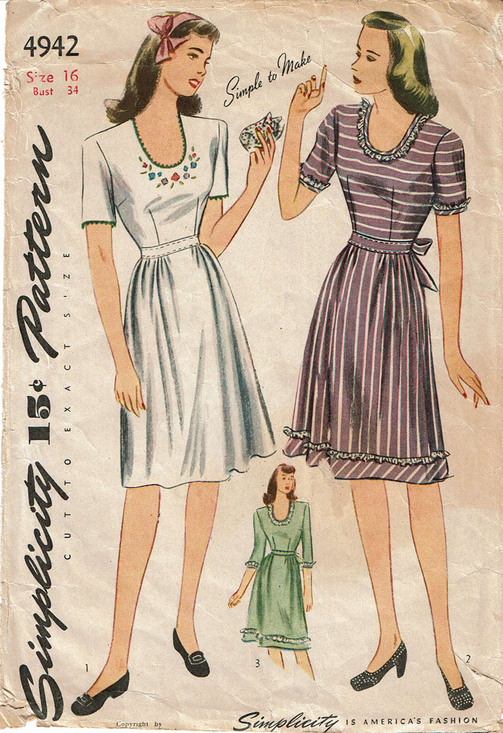 1940s Vintage Simplicity Sewing Pattern 4942 WWII Easy Misses Dress Si