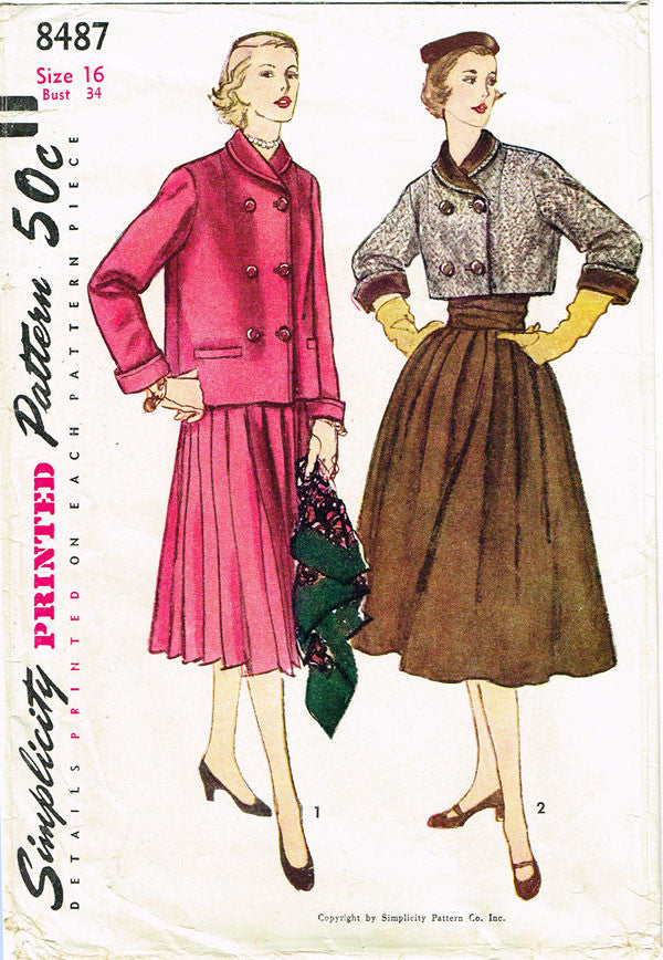 1950s Vintage Misses Suit Uncut 1952 Simplicity Sewing Pattern 8487 Si ...