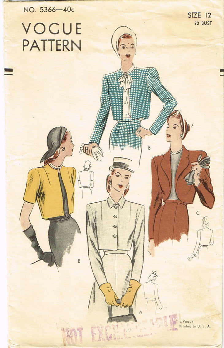 1940s Vintage Vogue Sewing Pattern 5366 WWII Misses Set of Jackets Siz ...