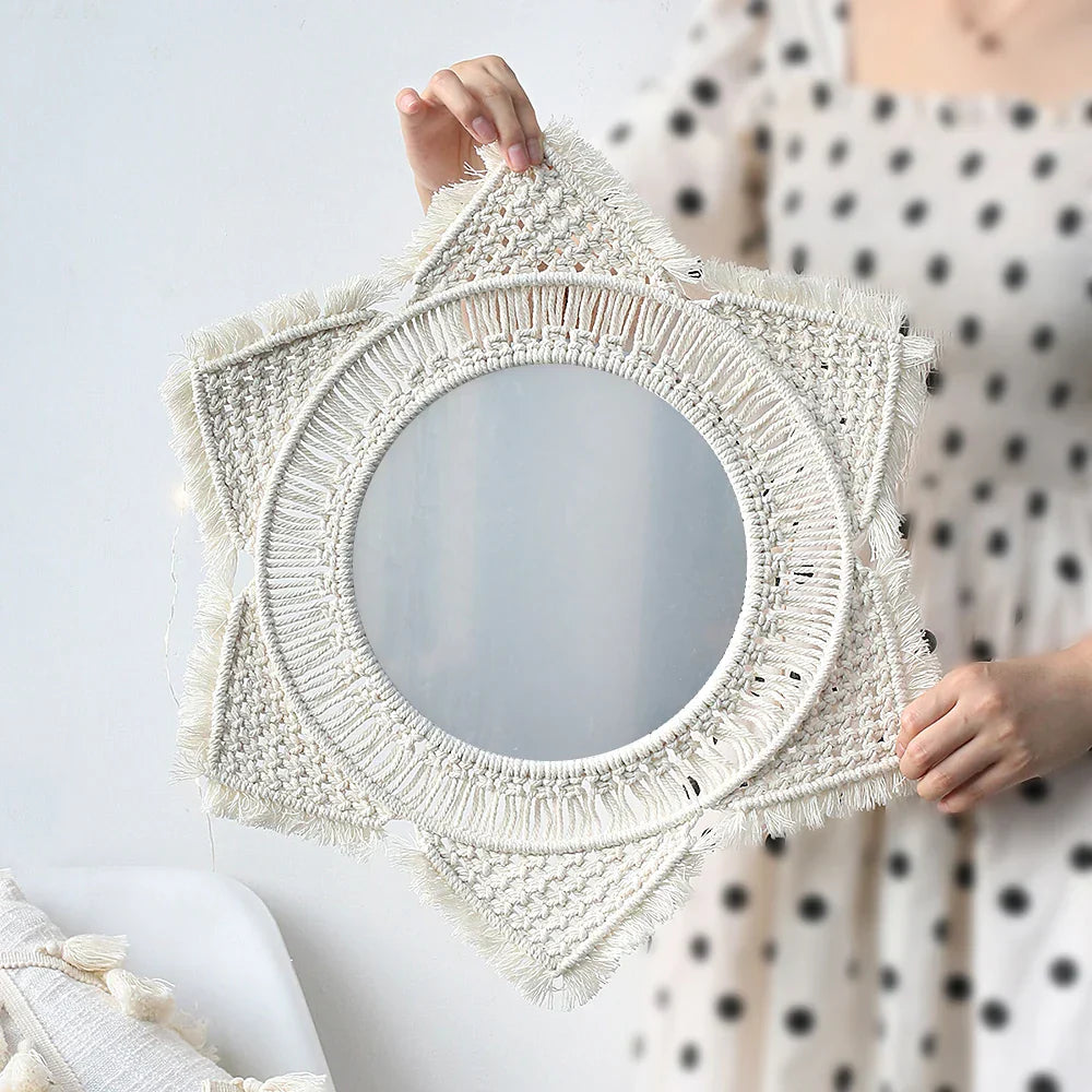 Macrame Mirror Set Cotton Fringe Boho Wall Hanging Mirrors Fall 2025 Cozy Nursery Home Decor Gift - Image 11