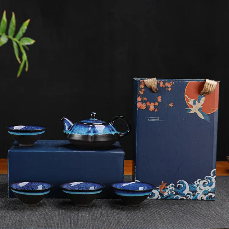 Jun Kiln Ceramic Tea Set With Gift Box Blue Premium Glaze - Image 5