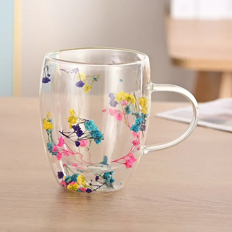 Double Wall Glass Cup with Handle Dried Flower Decorated Ins Style Mug 300ML - Image 12