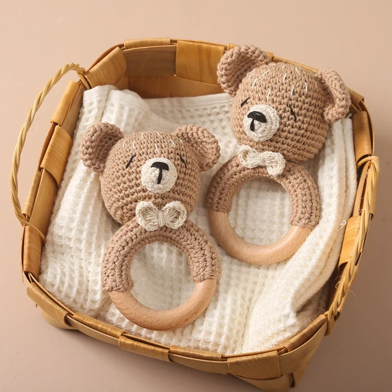 Crochet Bear Teether Rattle Ring Newborn Sensory Toys