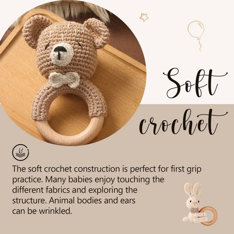 Crochet Bear Teether Rattle Ring Newborn Sensory Toys - Image 9