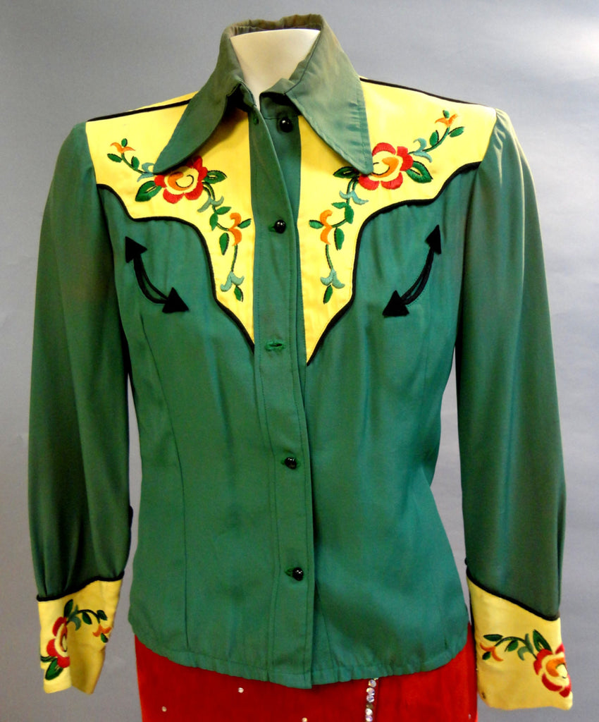 Nifty Green & Yellow Fifties COWGIRL Western embroidered Gab Shirt Sma ...