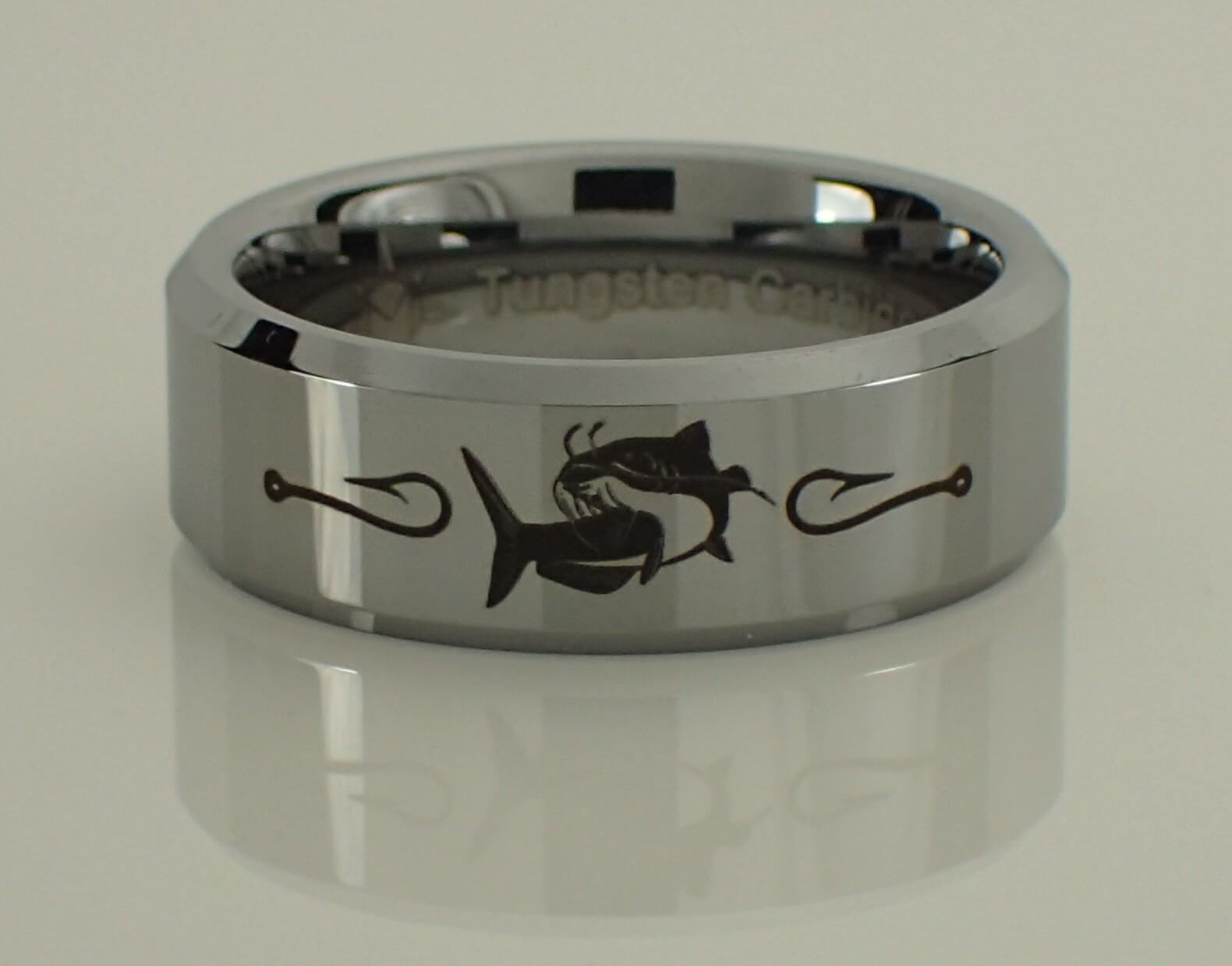 8mm Catfish Fishing Polished Silver Tungsten Men's Ring