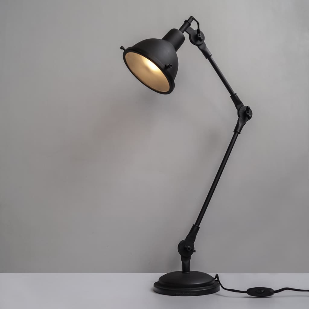 Coal Black Swing Arm Industrial Desk Lamp With Frosted Glass Cover