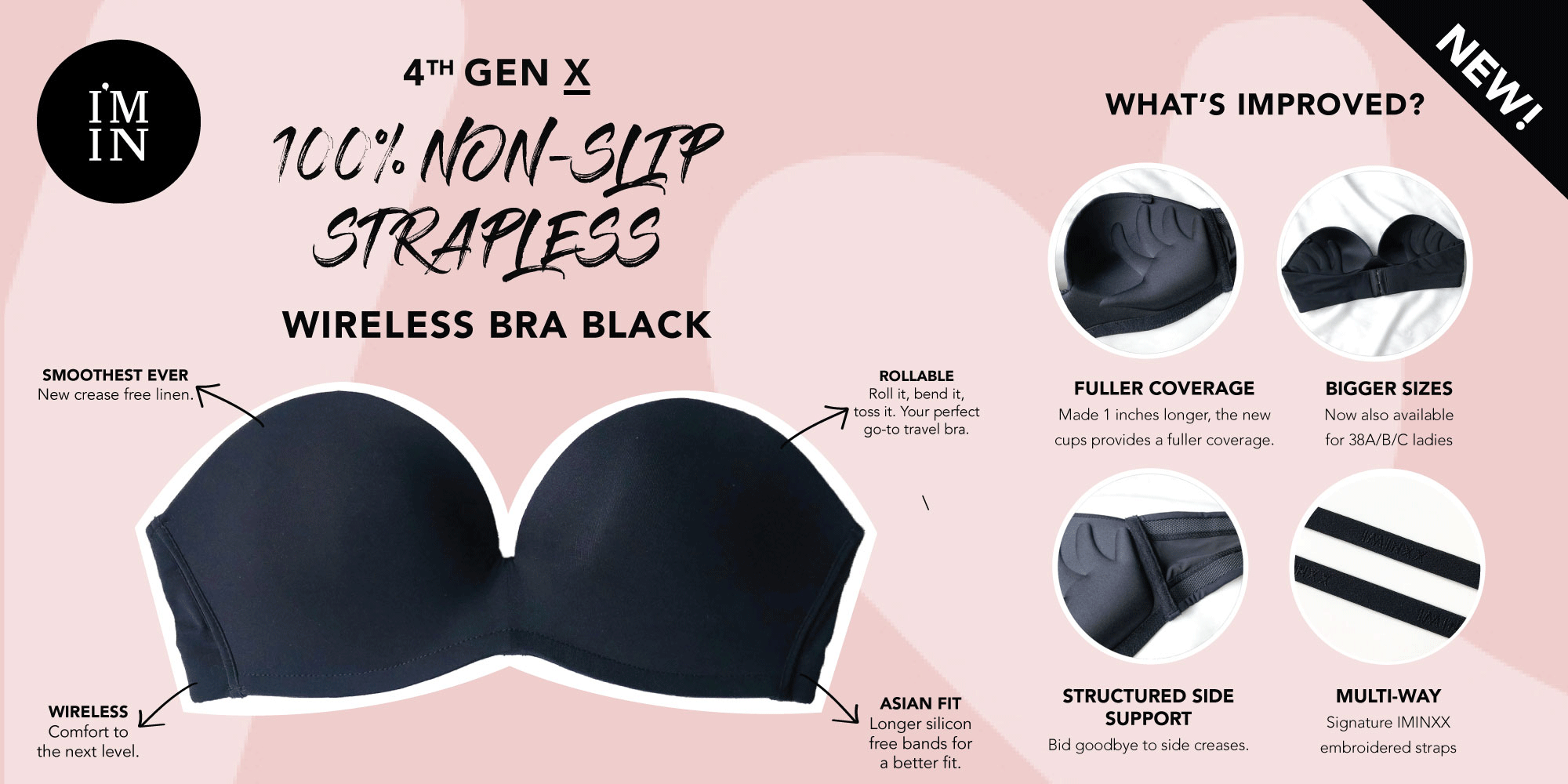 4th Gen X 100% Non-Slip Wireless Strapless Bra in Black