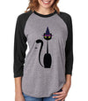 SignatureTshirts Women's Black Cat Witch Hat Halloween 3/4 Sleeve Raglan T-Shirt