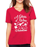 SignatureTshirts Womens A Glass of Wine is My Valentine v-Neck Funny Valentine's Day T-Shirt Cute Couple Husband Wife Gift tee