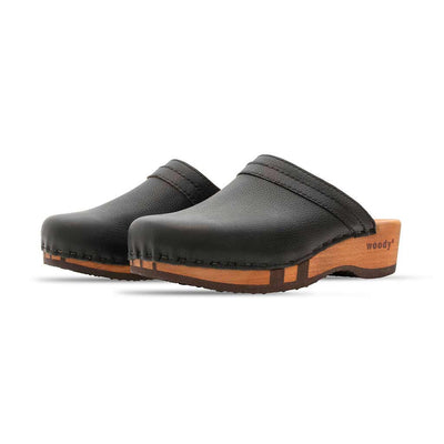 hanni, clogs damen mit biegsamer nachhaltiger holzsohle, farbe: nero-schwarz, holzclogs woody, woody schuhe, woody shoes, handgemachte holzschuhe aus österreich, kärnten