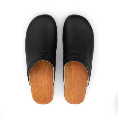 hanni, clogs damen mit biegsamer nachhaltiger holzsohle, farbe: nero-schwarz, holzclogs woody, woody schuhe, woody shoes, handgemachte holzschuhe aus österreich, kärnten