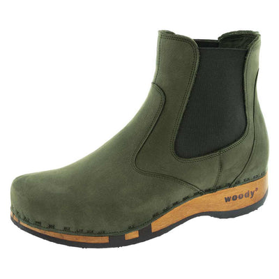 Jutta, clog boots damen mit biegsamer nachhaltiger holzsohle, farbe: forest (gruen), der bestseller, holzclogs woody, woody schuhe, woody shoes, handgemachte holzschuhe aus österreich, kärnten