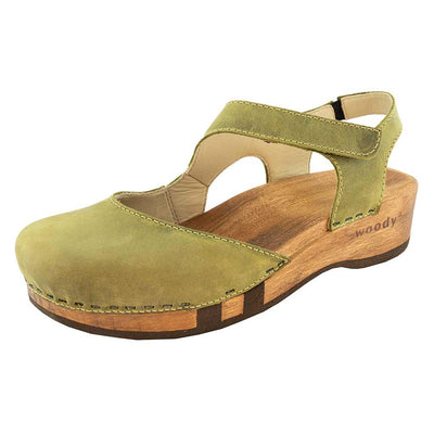 nicole, sandalen clogs damen mit biegsamer nachhaltiger holzsohle, der bestseller, holzclogs woody, woody schuhe, woody shoes, handgemachte holzschuhe aus österreich, kärnten, farbe: kiwi (gruen)