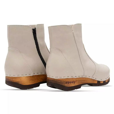 olga, clog stiefelette damen mit biegsamer nachhaltiger holzsohle, farbe: creme (naturweiss), holzclogs woody, woody schuhe, woody shoes, handgemachte holzschuhe aus österreich, kärnten