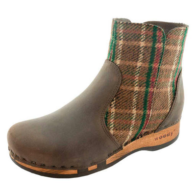 olga, clog stiefelette damen mit biegsamer nachhaltiger holzsohle, farbe: caffe-karo (braun kariert), holzclogs woody, woody schuhe, woody shoes, handgemachte holzschuhe aus österreich, kärnten