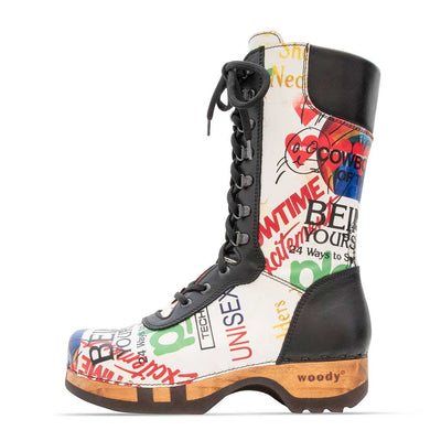 Ramona von woody Schuhe. Damen Stiefel mit hohem Schaft bestellen. Holzclog Stiefel. Holzstiefel. Stiefel für Damen handgemacht. Handgemachte Stiefel kaufen., farbe: showtime (multicolor-print)