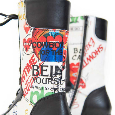 Ramona von woody Schuhe. Damen Stiefel mit hohem Schaft bestellen. Holzclog Stiefel. Holzstiefel. Stiefel für Damen handgemacht. Handgemachte Stiefel kaufen., farbe: showtime (multicolor-print)