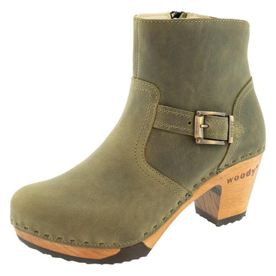 Stiefelette Damen Tina woody Schuhe. Damen Stiefelette mit Absatz. Clog mit Kalbslederfutter als Damenstiefel. Damenclogs, Damen Clogs - Clogs Damen. Holzschuhe für Damen, Damen Clogs, Holzclogs, Damen Pantoletten mit Holzsohle. Farbe: Olivia (gruen)