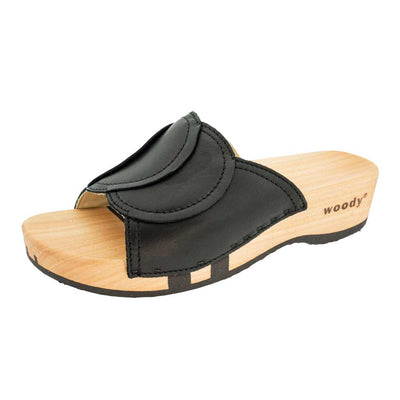 vanessa, pantoletten clogs damen mit biegsamer nachhaltiger holzsohle, der bestseller, farbe: schwarz, holzclogs woody, woody schuhe, woody shoes, handgemachte holzschuhe aus österreich, kärnten