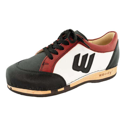 abby, clog sneakers damen mit biegsamer nachhaltiger holzsohle, farbe: nero-rosso (schwarz-rot-weiss), holzclogs woody, woody schuhe, woody shoes, handgemachte holzschuhe aus österreich, kärnten