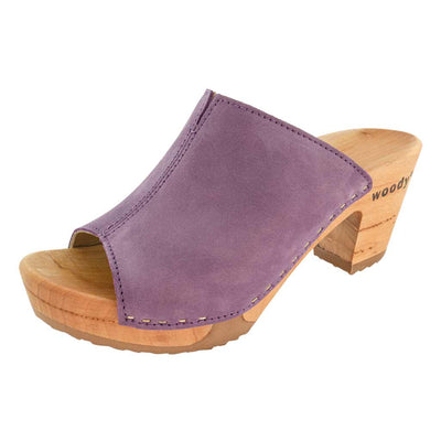 elly, farbe: flieder (lila)_clogs pantolette damen mit absatz mit biegsamer nachhaltiger weidenholzsohle, holzclogs woody, woody schuhe, woody shoes, handgemachte holzschuhe aus österreich, kärnten