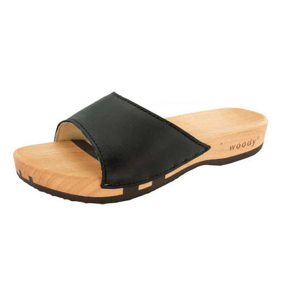 heidi, clogs pantolette damen mit biegsamer nachhaltiger holzsohle, farbe: nero-schwarz, holzclogs woody, woody schuhe, woody shoes, handgemachte holzschuhe aus österreich, kärnten