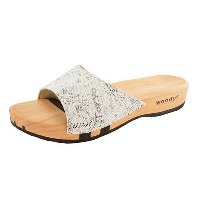 heidi, clogs pantolette damen mit biegsamer nachhaltiger holzsohle, farbe: travel blanco, holzclogs woody, woody schuhe, woody shoes, handgemachte holzschuhe aus österreich, kärnten