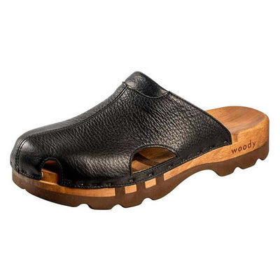 lissabon, arbeits-clogs unisex und biegsamer nachhaltiger holzsohle, farbe: schwarz, holzclogs woody, woody schuhe, woody shoes, handgemachte holzschuhe aus österreich, kärnten