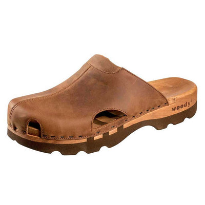 lissabon, arbeits-clogs unisex und biegsamer nachhaltiger holzsohle, farbe: tabacco-braun, holzclogs woody, woody schuhe, woody shoes, handgemachte holzschuhe aus österreich, kärnten