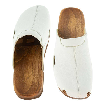 lissabon, arbeits-clogs unisex und biegsamer nachhaltiger holzsohle, farbe: weiss, holzclogs woody, woody schuhe, woody shoes, handgemachte holzschuhe aus österreich, von oben