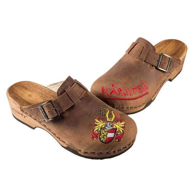 manu kärnten, clogs damen mit stick und biegsamer nachhaltiger holzsohle, der bestseller, farbe: tabacco-braun, holzclogs woody, woody schuhe, woody shoes, handgemachte holzschuhe aus österreich, kärnten