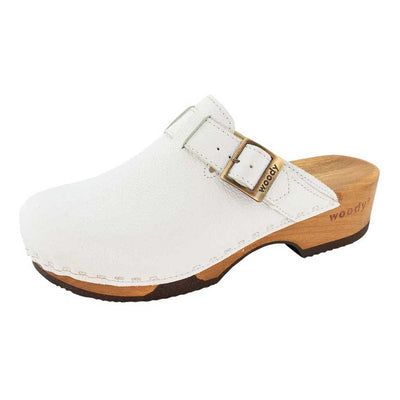 manu, clogs damen mit biegsamer nachhaltiger holzsohle, der bestseller, farbe: weiss, holzclogs woody, woody schuhe, woody shoes, handgemachte holzschuhe aus österreich, kärnten