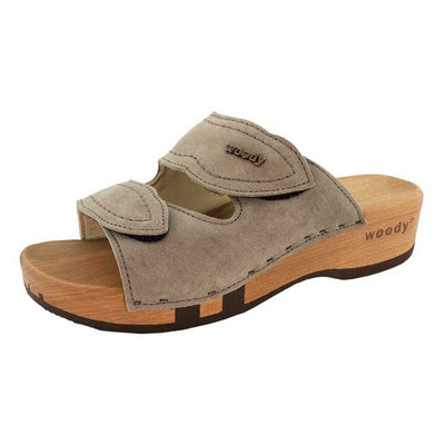 melanie, pantoletten clogs damen mit biegsamer nachhaltiger holzsohle, der bestseller, farbe: sand-warm_grey, holzclogs woody, woody schuhe, woody shoes, handgemachte holzschuhe aus österreich, kärnten