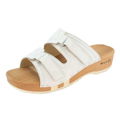 melina, pantoletten clogs damen mit biegsamer nachhaltiger holzsohle, der bestseller, farbe: weiss holzclogs woody, woody schuhe, woody shoes, handgemachte holzschuhe aus österreich, kärnten