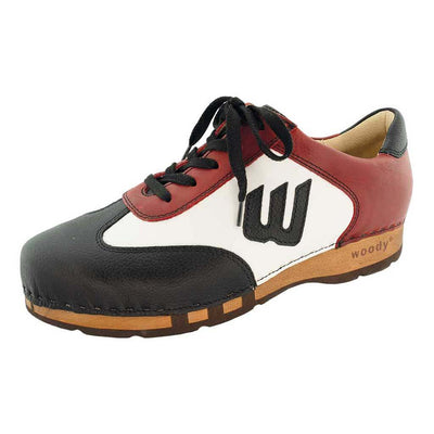 niki, sneakers clogs herren mit biegsamer nachhaltiger holzsohle, der bestseller, farbe: nero-rosso alias schwarz-rot, holzclogs woody, woody schuhe, woody shoes, handgemachte holzschuhe aus österreich, kärnten