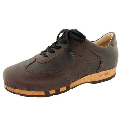 sam, sneakers clogs herren mit biegsamer nachhaltiger holzsohle, der bestseller, farbe: caffe-braun, holzclogs woody, woody schuhe, woody shoes, handgemachte holzschuhe aus österreich, kärnten