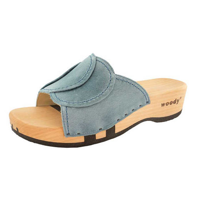 vanessa, pantoletten clogs damen mit biegsamer nachhaltiger holzsohle, der bestseller, farbe: celeste-hellblau, holzclogs woody, woody schuhe, woody shoes, handgemachte holzschuhe aus österreich, kärnten