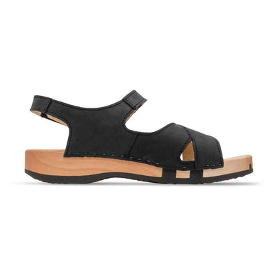 gloria, sandlen clogs damen mit biegsamer nachhaltiger holzsohle, farbe: nero-schwarz, holzclogs woody, woody schuhe, woody shoes, handgemachte holzschuhe aus österreich, kärnten