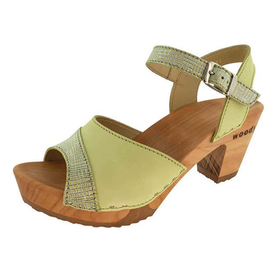 yara, sandaletten clogs damen mit biegsamer nachhaltiger holzsohle, der bestseller, holzclogs woody, woody schuhe, woody shoes, handgemachte holzschuhe aus österreich, kärnten, farbe: mixer-verde acido (hellgrün) (lila)