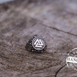 HANDCRAFTED Viking Valknut Ring with Oak Leaves | New Version - VikingsBrand