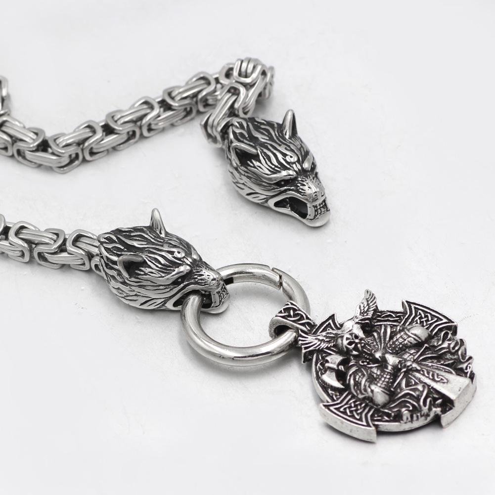 HANDMADE King's Stainless Steel Wolf Head Necklace with Odin Warrior P