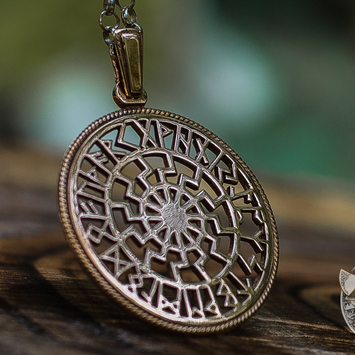 Runic Calendar with Black Sun Symbol Bronze Pendant