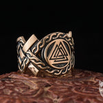 Valknut Symbol Bronze Viking Ring with Norse Ornament