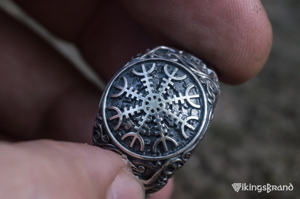 Viking Helm of Awe Symbol with Urnes Viking Style Sterling Silver Norse Ring