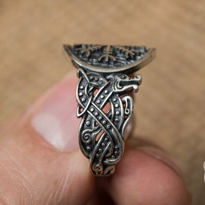 Wolf Style Helm of Awe Symbol 925 Sterling Silver Norse Ring