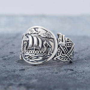 Wolf Style Ornament Drakkar Symbol 925 Sterling Silver Viking Ring - VikingsBrand