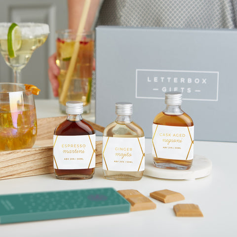 Letterbox Cocktail Gift Set - includes 3 miniature cocktails, chocolate and a bamboo reusable straw
