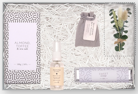 Build a Box - 5 Item Example (New Mum tealight, dried flower sprig, chocolate and mum and baby body oil) 